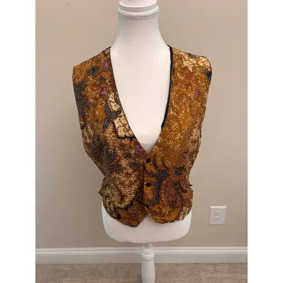 Vintage Batik Beaded Vest | Brown & Multicolor | Handmade Detailing | Size S - Picture 1 of 8